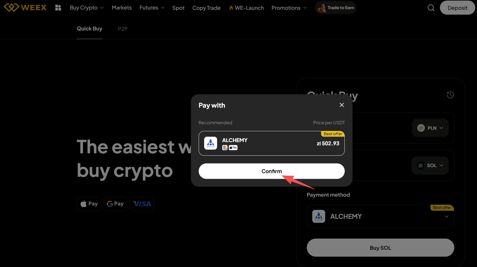 مرحله ۲: چگونه میتوان SOL را با PLN در WEEX OTC خریداری کرد؟ نسخه وب