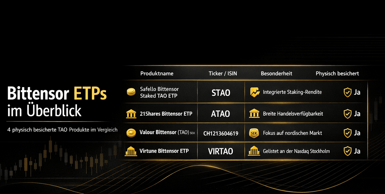 表格“Bittensor ETP 一览”：比较 4 种实物支持的 TAO 产品（Safello、21Shares、Valour、Virtune）的代码和特殊功能。