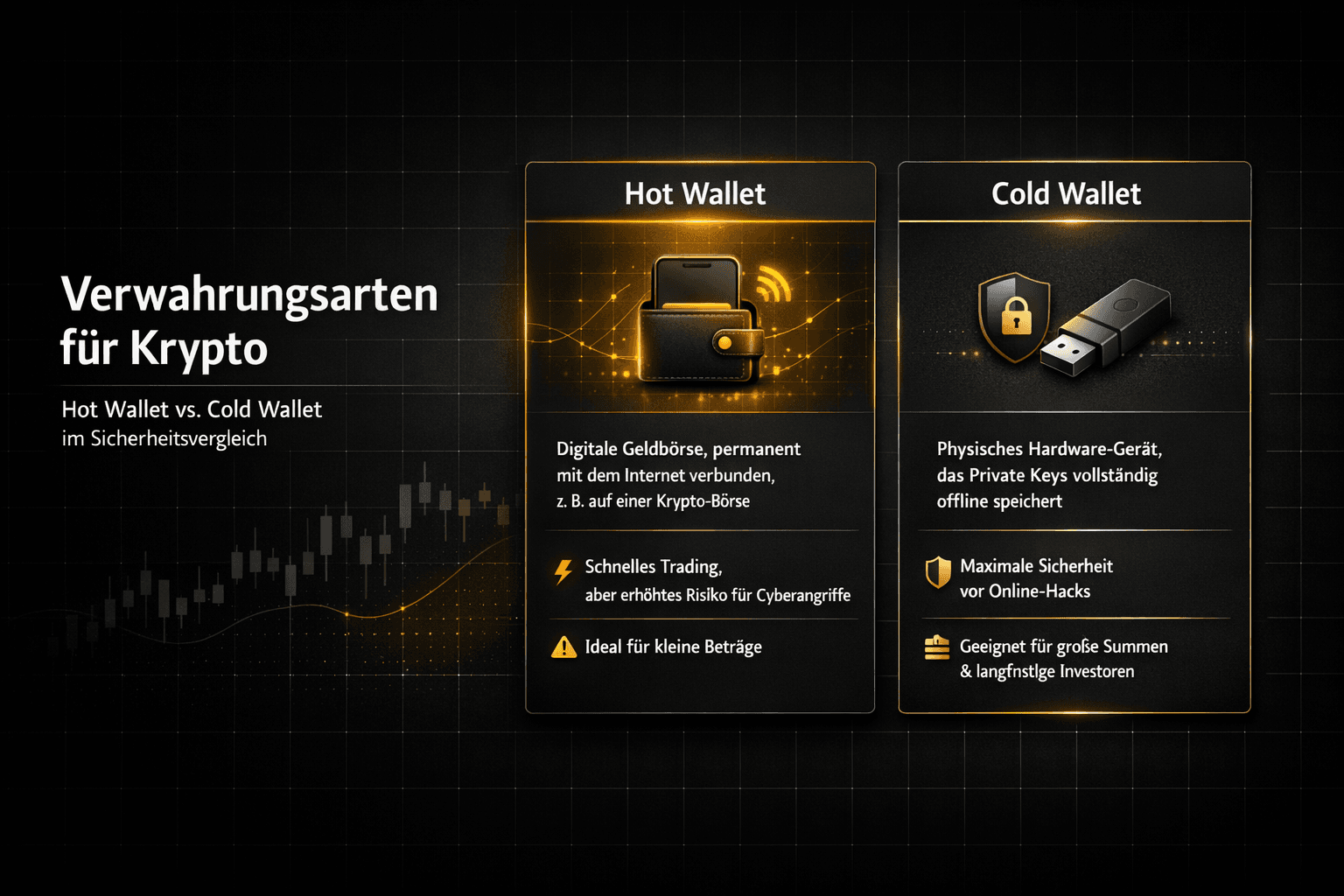 Vergleich: Hot Wallet vs. Cold Wallet – Infografik zeigt Unterschiede bei Internetverbindung, Sicherheit vor Hacks und Eignung (Trading vs. große Summen).