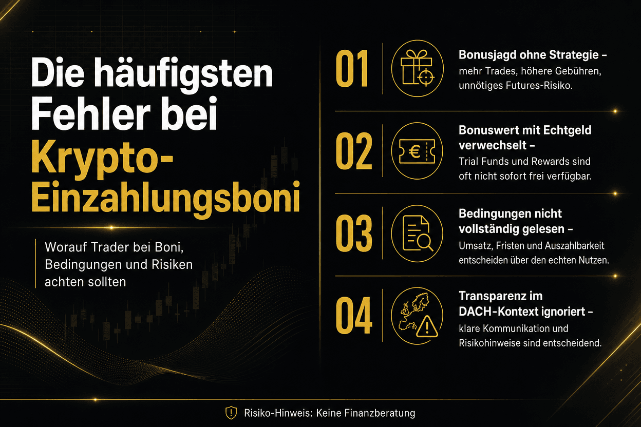 The 4 most common mistakes with crypto bonuses. Warning against aimless bonus hunting, confusion with real money, ignoring conditions & lack of transparency.
