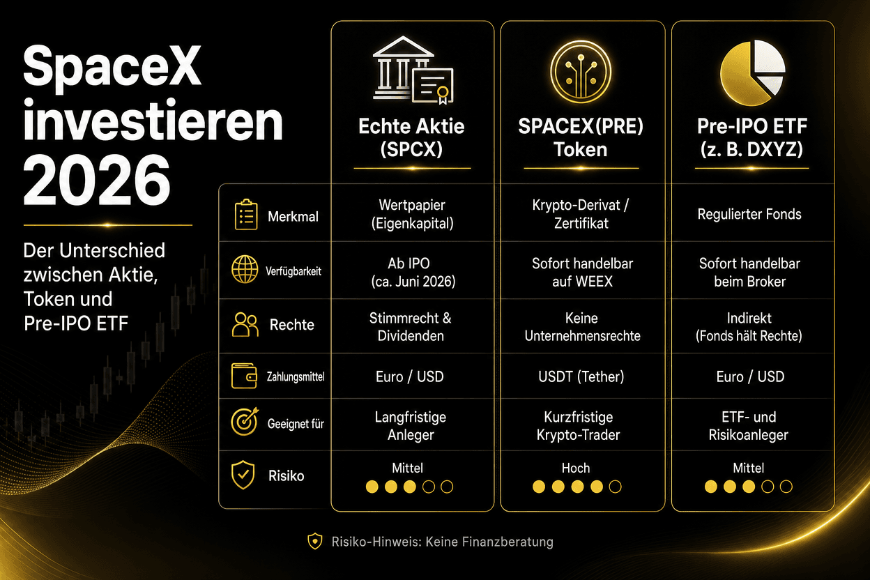 Comparison SpaceX 2026: Stock (SPCX) vs. SPACEX(PRE) token vs. pre-IPO ETF. Rights, availability, suitability, and risks.