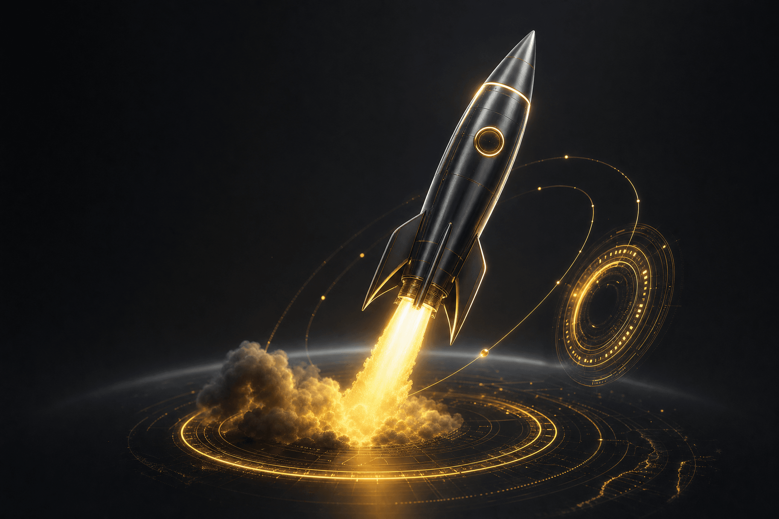 Futuristic 3D visual: Black and gold rocket launching from a glowing platform with digital exhaust and data symbols in the background.