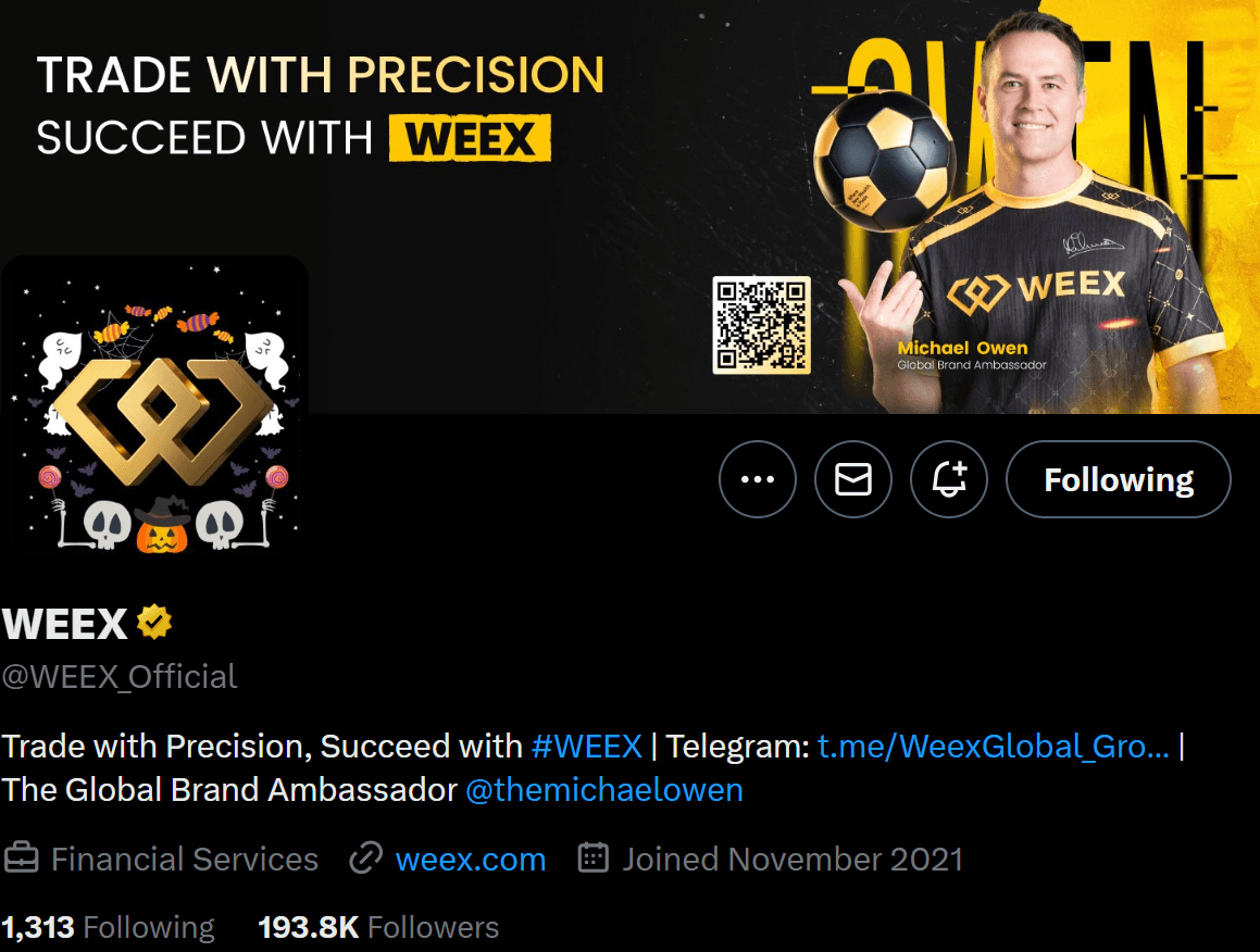 WEEX Twitter 个人资料，迈克尔·欧文身穿 WEEX 球衣，口号是“精准交易，WEEX 成功”。个人资料显示有 19.38 万粉丝。