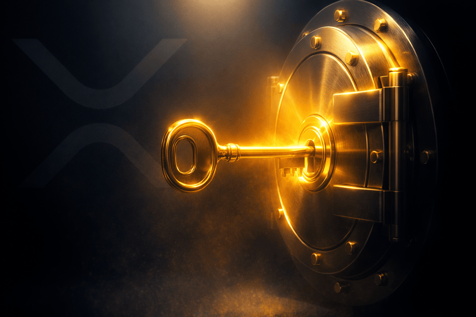 巨大的发光金库锁中的金钥匙；在黑暗背景中隐约可见巨大的 XRP 标志。