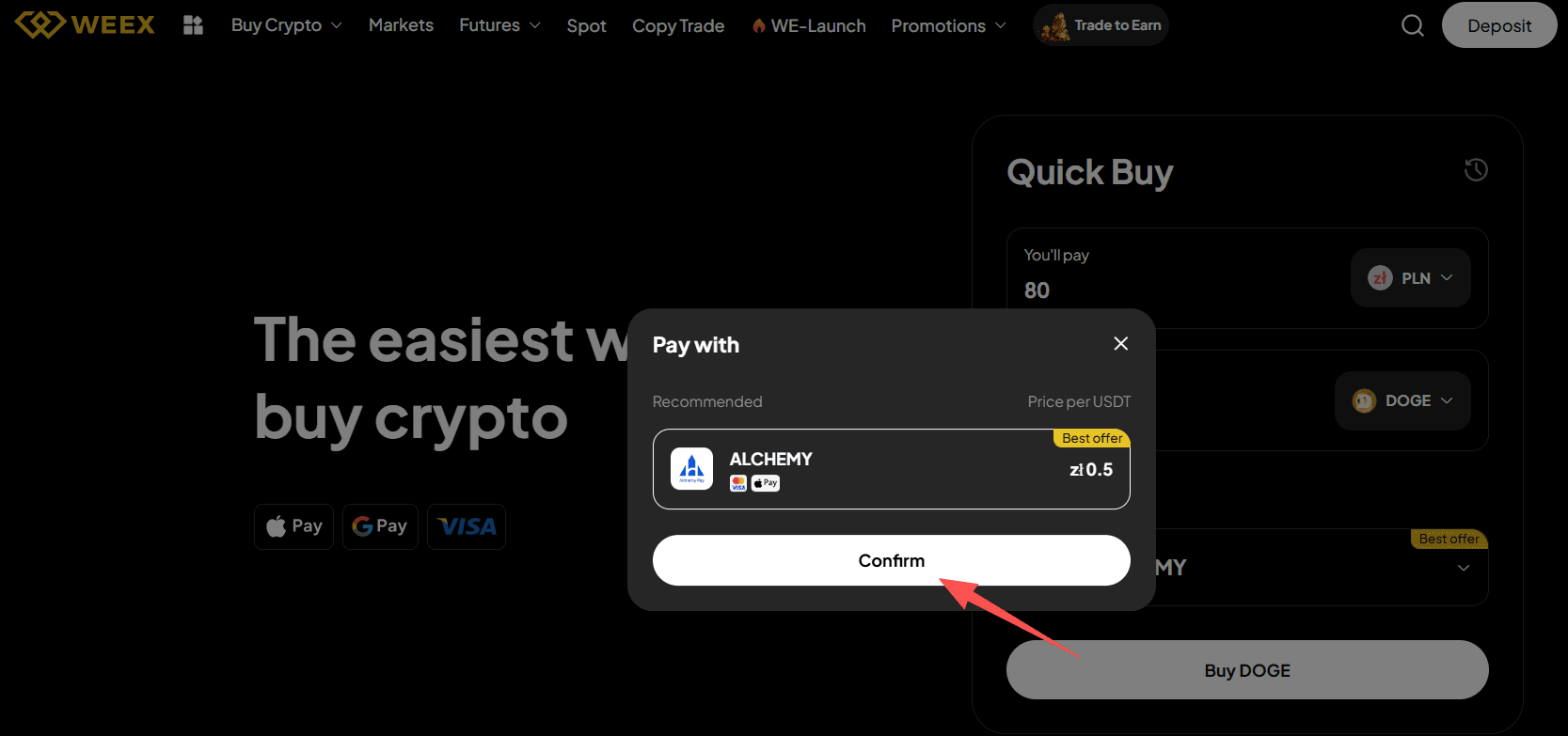 مرحله ۲: چگونه میتوان دوج کوین (DOGE) را با زلوتی (PLN) در صرافی ویکس (WEEX OTC) خریداری کرد؟ نسخه وب