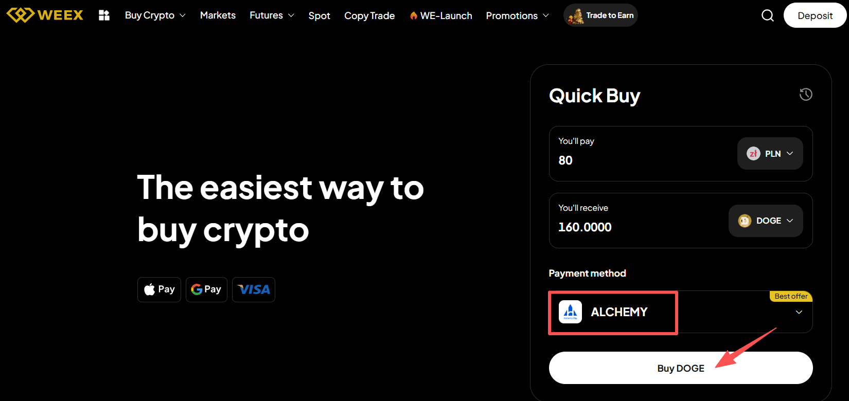 مرحله ۳: چگونه میتوان دوج کوین (DOGE) را با زلوتی (PLN) در صرافی ویکس (WEEX OTC) خریداری کرد؟ نسخه وب